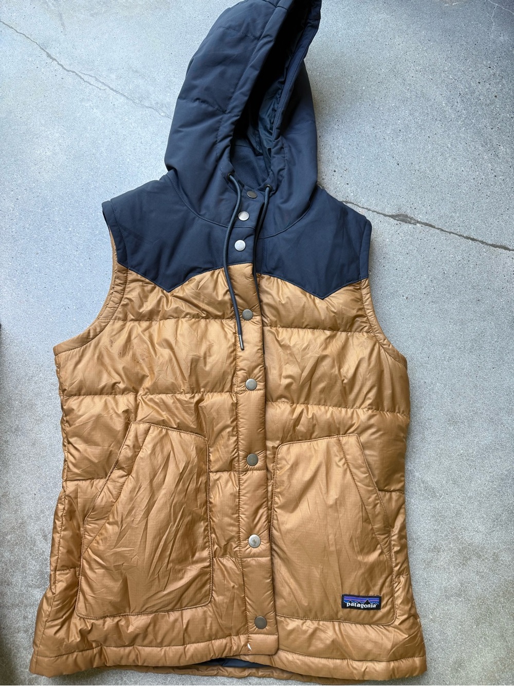 Patagonia Hooded Two-Tone Puffer Vest in Tan and Black